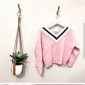 Sandro Pink V-Neck Long Sleeve Sweater with Contrasting Stripes Size 1 Small